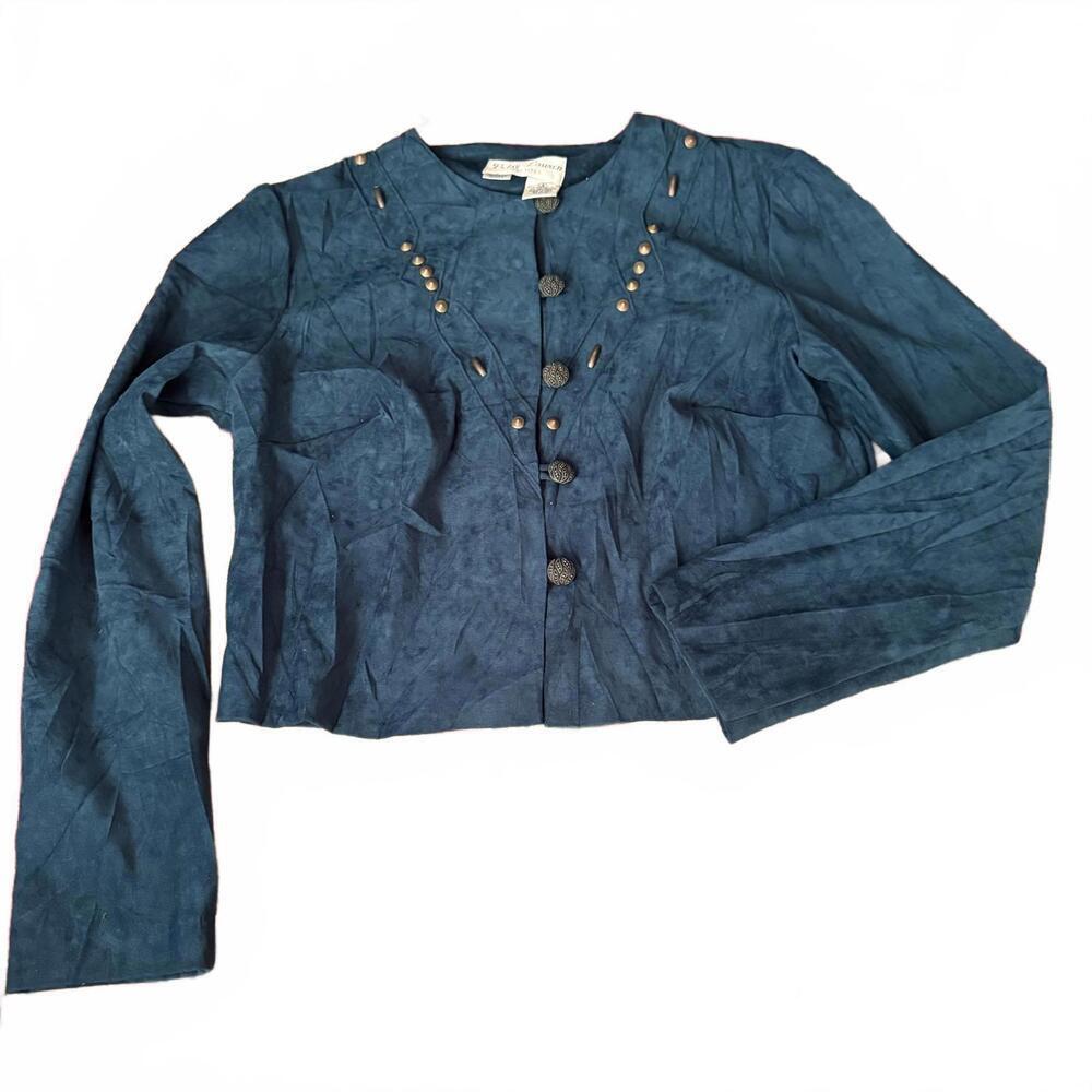 Betsy Lauren Petites Teal Faux Suede Studded Cropped Jacket Blazer 6P